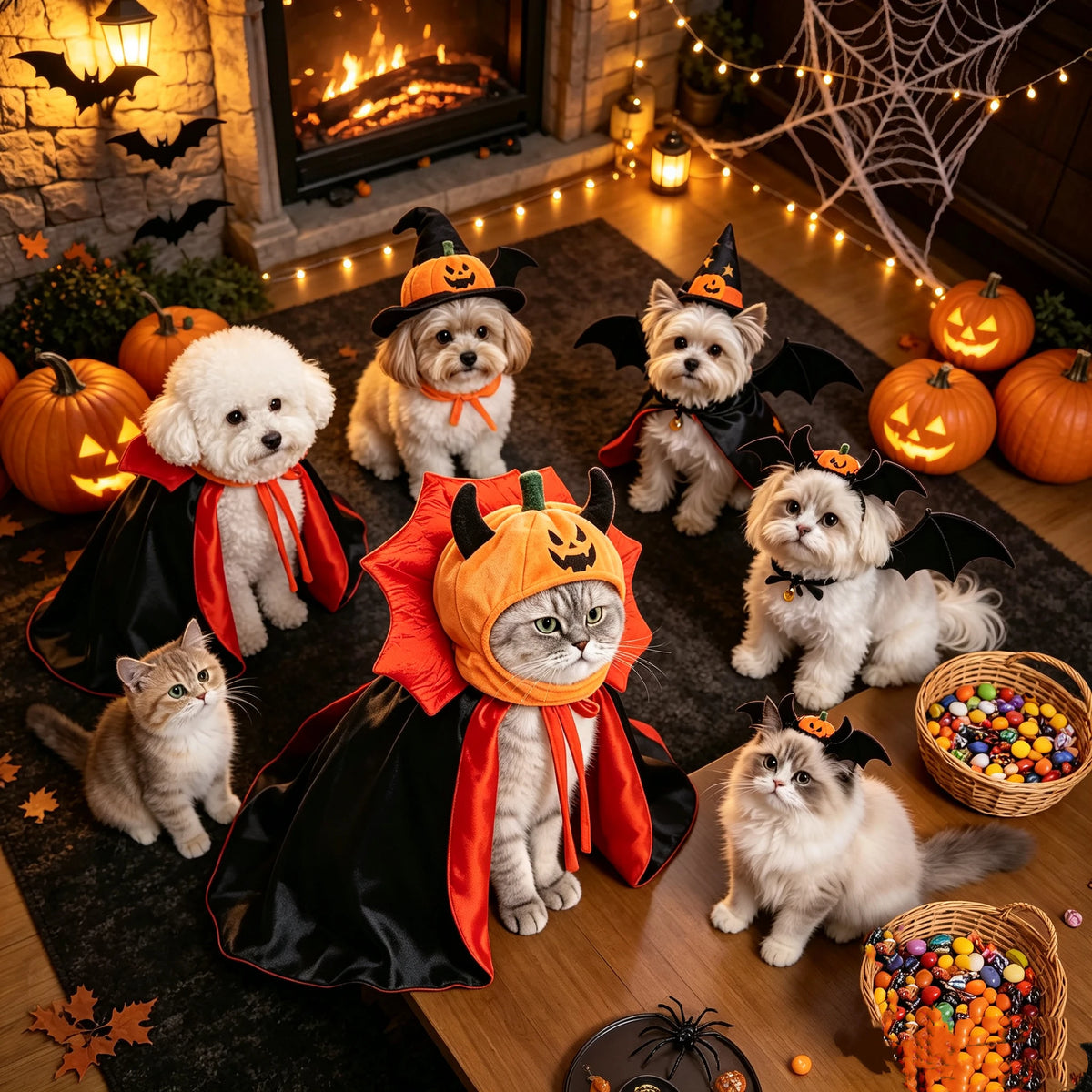 Halloween Pet Costume – Pumpkin Hat & Vampire Cape Set for Cats and Dogs