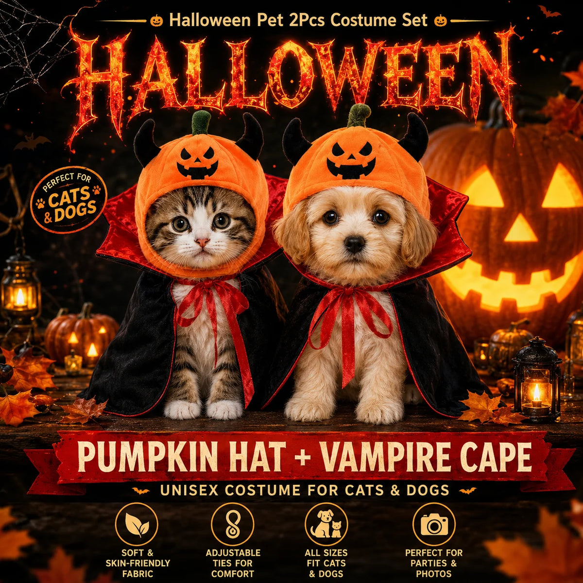 Halloween Pet Costume – Pumpkin Hat & Vampire Cape Set for Cats and Dogs
