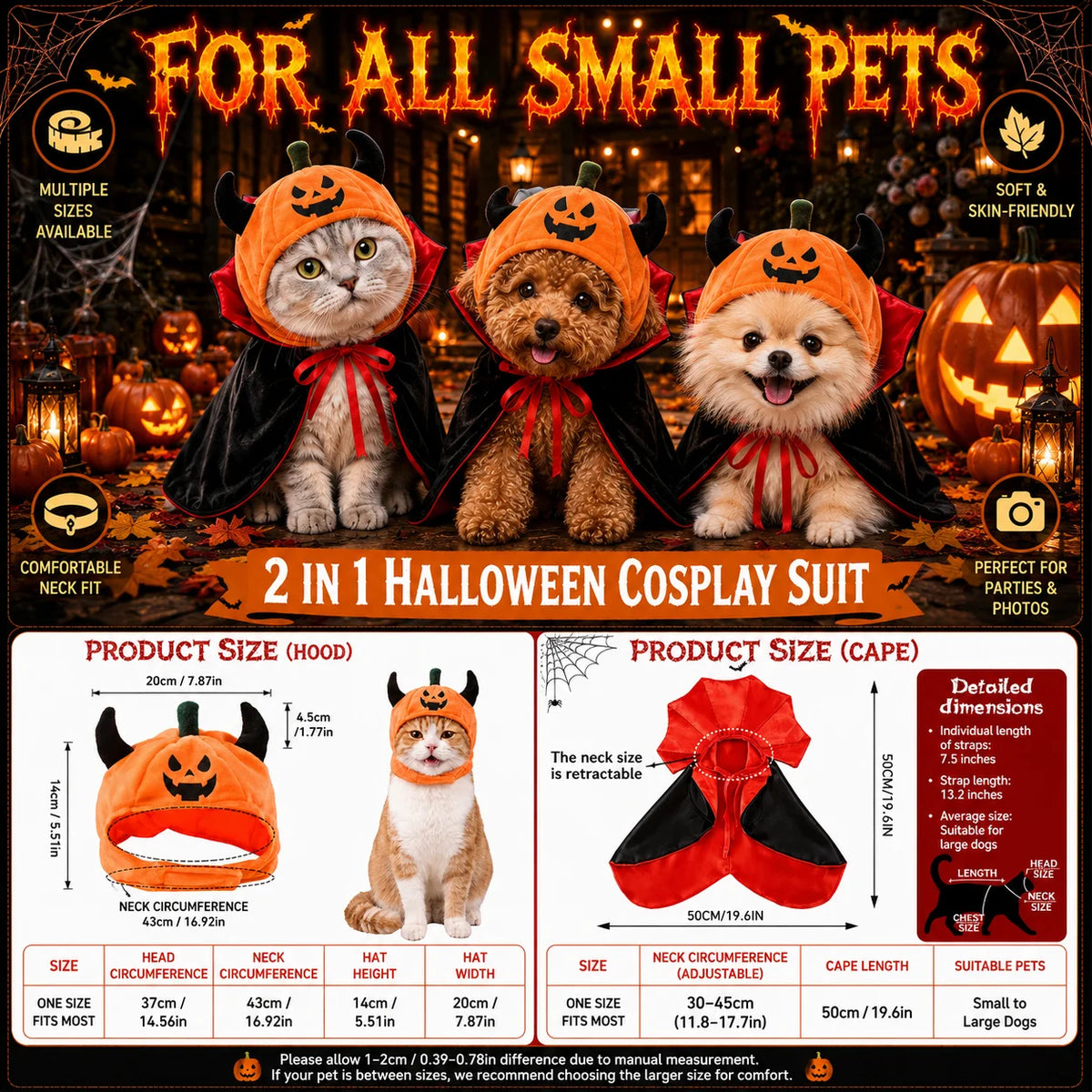 Halloween Pet Costume – Pumpkin Hat & Vampire Cape Set for Cats and Dogs