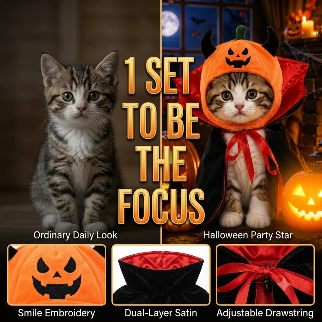 Halloween Pet Costume – Pumpkin Hat & Vampire Cape Set for Cats and Dogs