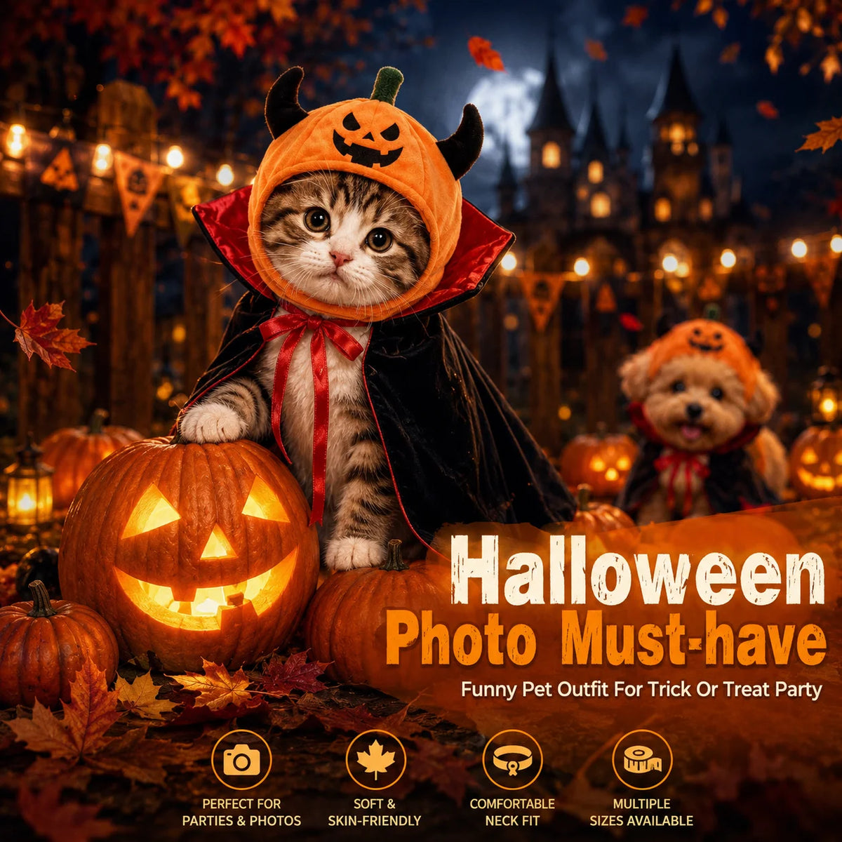 Halloween Pet Costume – Pumpkin Hat & Vampire Cape Set for Cats and Dogs